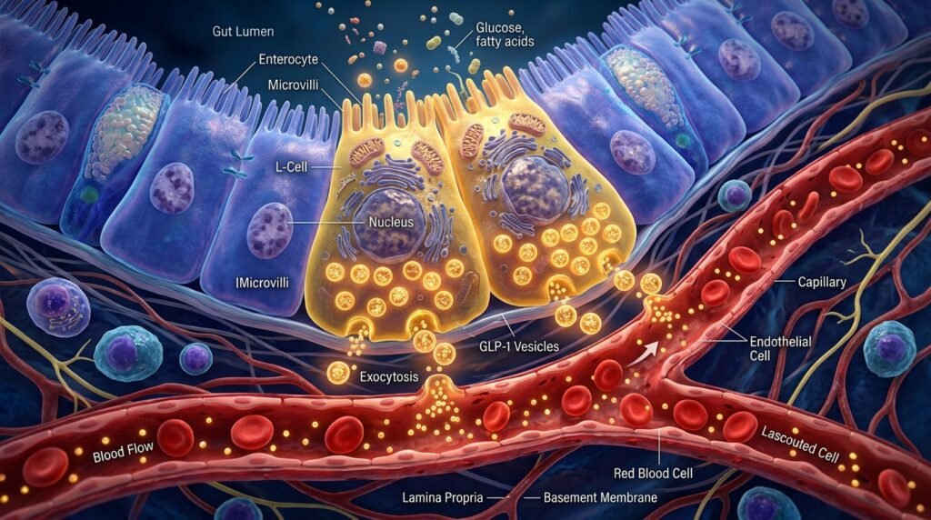 3D scientific illustration of intestinal L-cells releasing GLP-1 peptide vesicles into capillaries