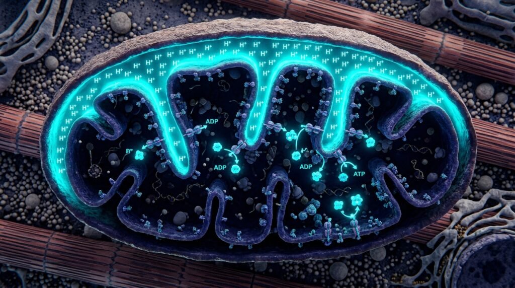 Biomedical visualization of muscle cell mitochondria inner membrane proton gradient generating ATP