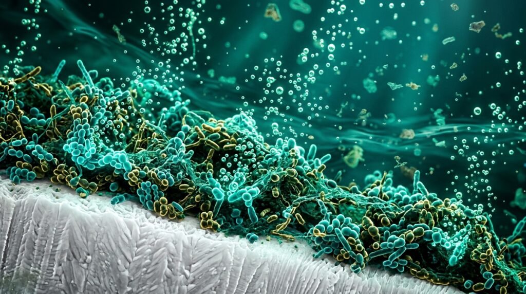 Microscopic view of beneficial oral commensal bacteria producing nitric oxide precursors on enamel